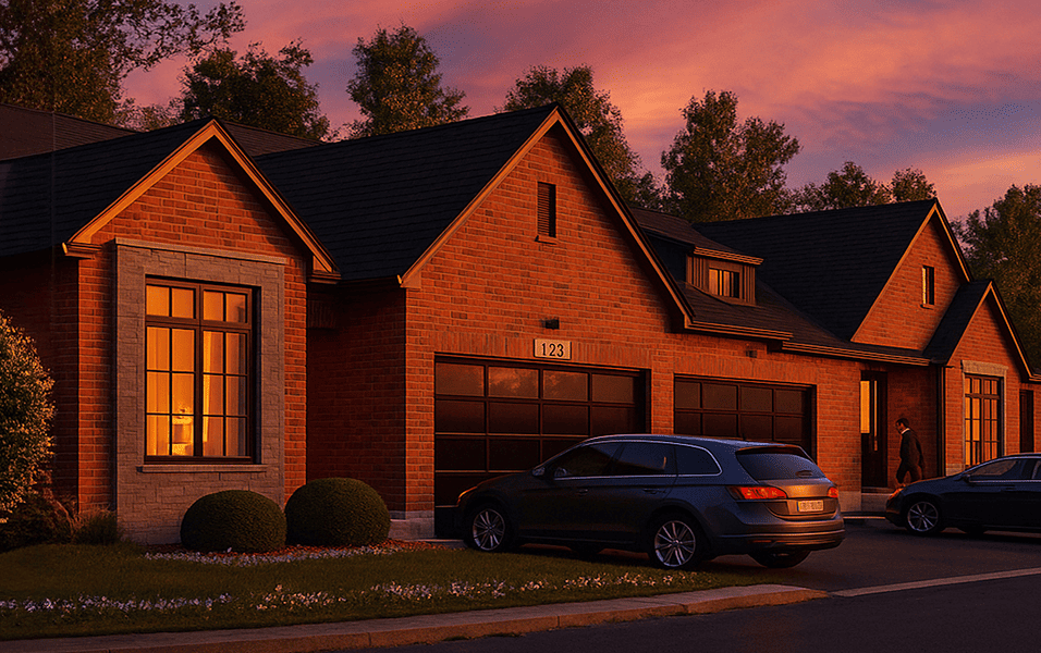 Brick townhomes with garage and modern exterior finishes